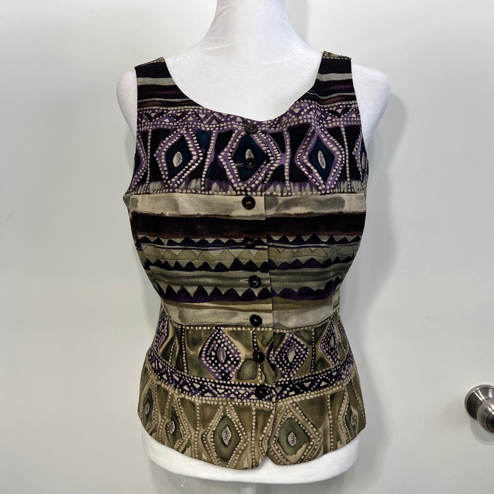 Vintage 90s Womens 100% Silk Geometric Button Front Vest 6P Indie Whimsigoth